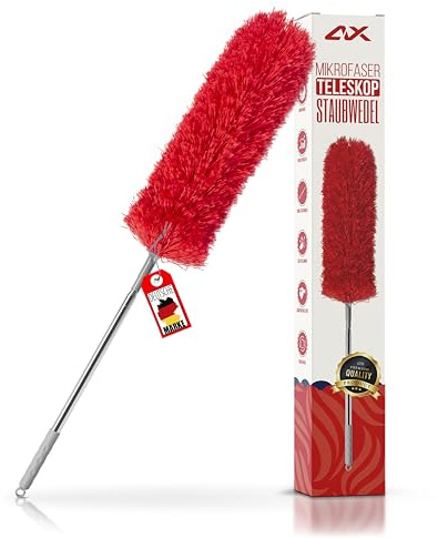 ALX Staubwedel, Waschbar, Mikrofaser, Staubwischer, Teleskop Staubwedel ausziehbar bis 260cm. Stilvolle Reinigung für EIN makelloses Zuhause (Rot)