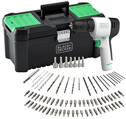 Black+Decker reviva 12V Akku-Bohrschrauber REVDD12ASTB (nachhaltiger Bohrschrauber aus 50% recyceltem Plastik1, 10+1 Drehmomentvorwahl, integrierter Akku, inkl. Ladegerät, 80-tlg. Zubehörset & Koffer)