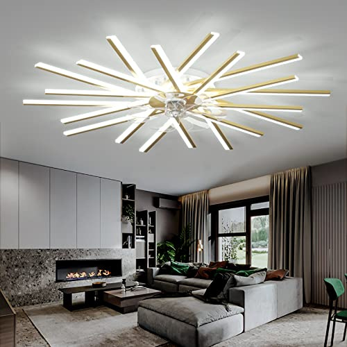 LJX 100cm Ceiling Fans with Lights and Remote Modern Design Ceiling Fans with 20 Lamps Dimmable Reversible DC Motor 6 Speeds Silent for Living Room Bedroom Kitchen, Gold