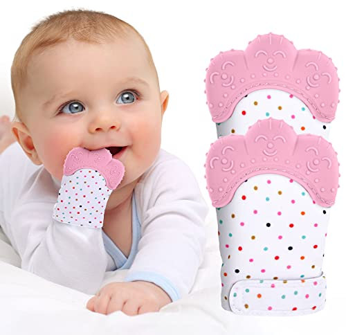 Vicloon Baby Beißhandschuhe,2 Stück Handschuhe Beißring Spielzeug,BPA Frei,Beruhigen Sie wundes Zahnfleisch, Stimulierung Zahnen Handschuhe für 0-6 Monate Baby-Rosa Tupfen