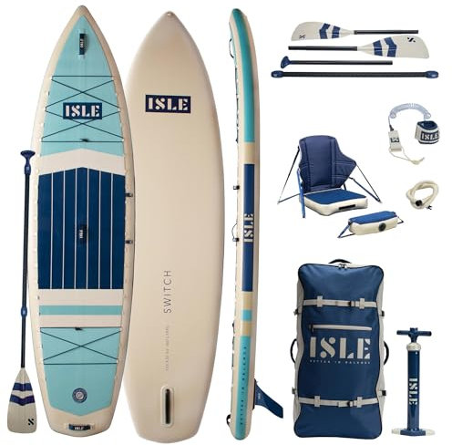 ISLE Switch Aufblasbares Hybrid Kajak-Stand Up Paddle Board | 2 in 1- Kajak & SUP Set, inkl. Kajaksitz, Paddel, Handpumpe, Tragetasche, 29,5 x 90 x 14 cm - max. 193 kg - Aqua/Marine