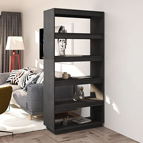 WIFESE Bücherregal 80x35x167 5 Fächer Holzregal Raumteiler Regal für Wohnzimmer Arbeitszimmer Würfelregal Grau Standregal Bookshelf Hochschrank Aufbewahrungsregal Aktenregal Massivholz Kiefer