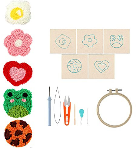 LIKEUDO 5 Kit Tasse Coaster Cup Mat Stickerei Starter Kit Erwachsene Stanznadel Anfänger Tassenmatte Muster Punch Needle Set Anfänger Starter Stanznadelstoff Muster Set DIY Stanznadel Stickrahmen Kit