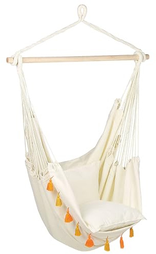 Brasilianischer Outdoor Hängesessel Baumwolle beige Bommeln orange Boho Varena