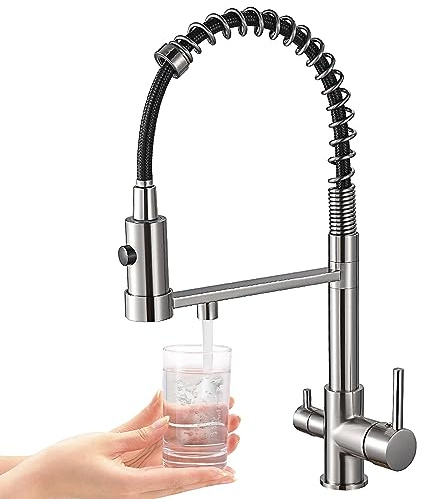 2 en 1 Grifo de Fregadero de Grifo de Cocina 3 Vías con Ducha extraíble, 360° Grifo Monomando de Cocina para Filtro de Agua, grifo de purificador de agua potable(níquel cepillado)