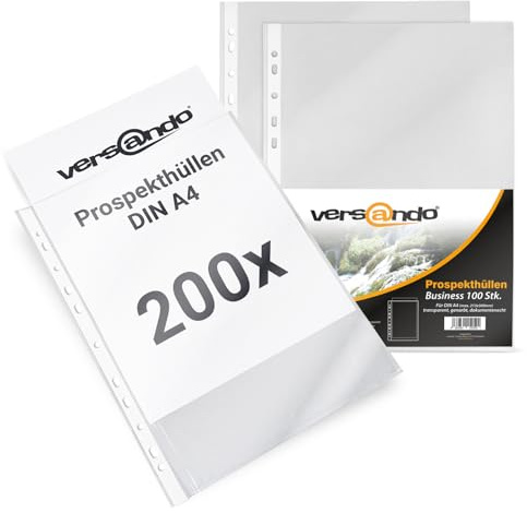 versando 200x A4 Prospekthüllen Business mit Heftrand Klarsichthüllen | genarbt transparent 60my (2x 100 Stück)