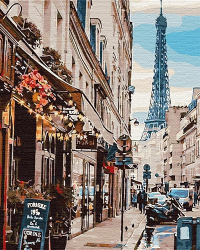 Artnapi Malen nach Zahlen Erwachsene mit Rahmen | DIY Handgemalt | Paris von um Ecke | Kit für Anfänger und Erwachsene | Set inklusive Acrylfarben & Pinsel | 40x50cm Leinwand | Ideal als Geschenk