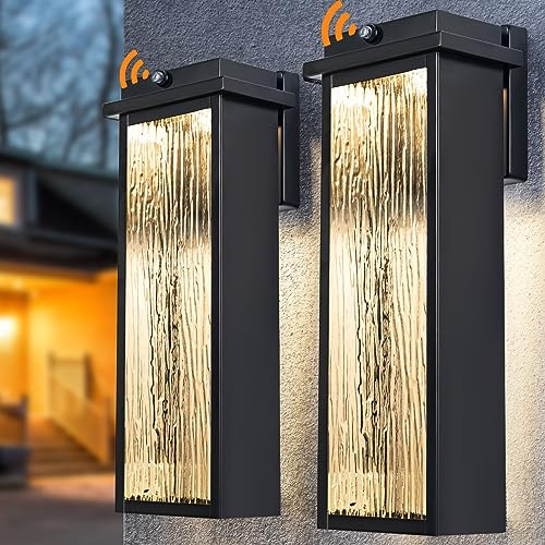 Black LED Dusk to Dawn Outdoor Lighting 2 Packs, 16 Large Outside Farmhouse Wall Lantern, Industrial Porch Wall Mount Light Fixture with Rippled Glass, Waterproof Modern Exterior Sconce Lamp