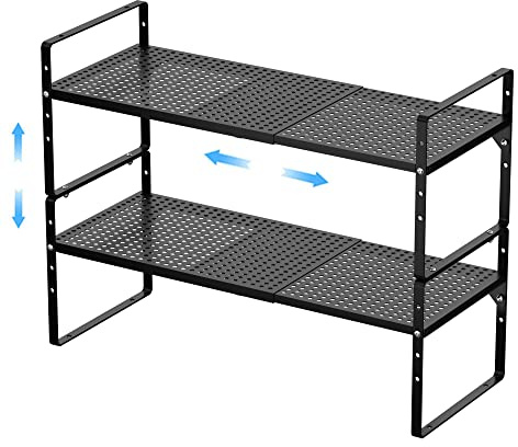 GEDLIRE Erweiterbares Küchenschrank-Regal-Organizer, stapelbares Metall-Speisekammer-Aufbewahrungsregal, verstellbares Gewürzregal für Schränke, Arbeitsplatte (2, Schwarz)