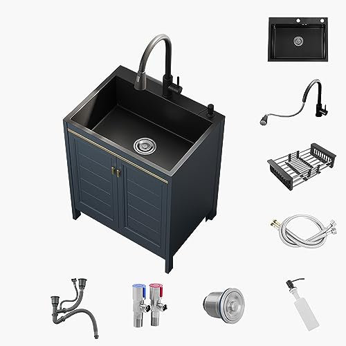 Lavello Cucina con Mobile,Lavandino Cucina Multifunzion,Lavello Cucina 1/2 Vasca,Lavello in Acciaio Inox,Lavandino da Giardino Esterno,con Rubinetto Estraibile,Dispenser di Sapone,Gocciolatoio ( Size