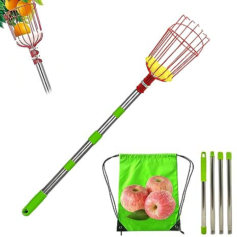 Skeadex Obstpflücker mit Teleskopstiel Edelstahl Apfelpflücker Pflückhilfe Kirschenpflücker mit Baumwollbeutel Obstgreifer Einfach zu Montieren Outdoor Handwerkzeug mit Obstsammler (1.6m)