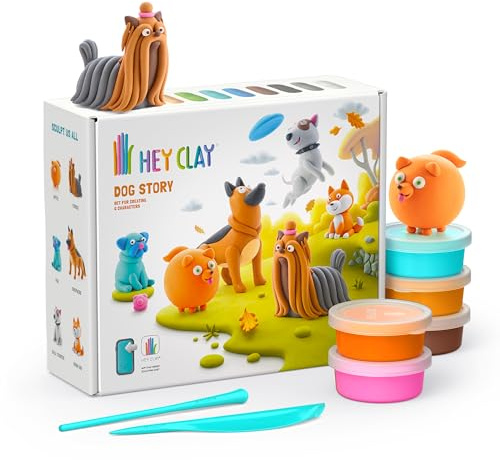 HEY CLAY Set 15 barattoli di pasta modellabile che asciuga all'aria per bambini dai 3 anni in su - Kit сreativo per attività artistiche e manuali (Storia dei Cani)