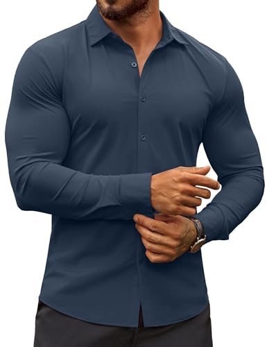 COOFANDY Men's Men's Wrinkle Free Dress Shirts Long Sleeve Slim Fit Business Casual Button Up Shirts Dark Blue