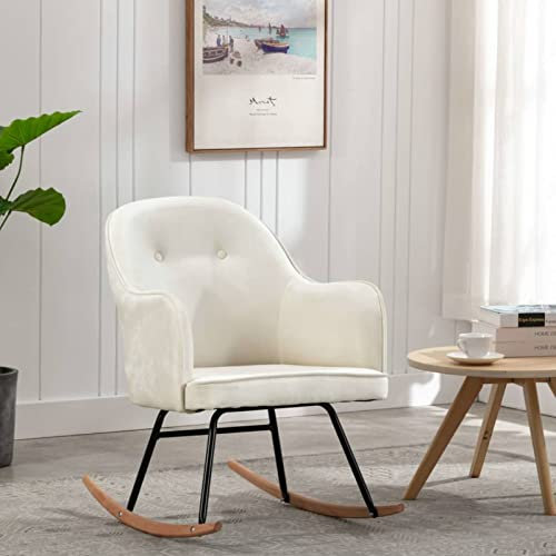 TANZEM Schaukelstuhl, Sessel Wohnzimmer, Schaukelsessel, Stillsessel, Schwingsessel, Tv Sessel, Ohrensessel, Rocking Chair, Relaxsessel, Cremeweiß Samt