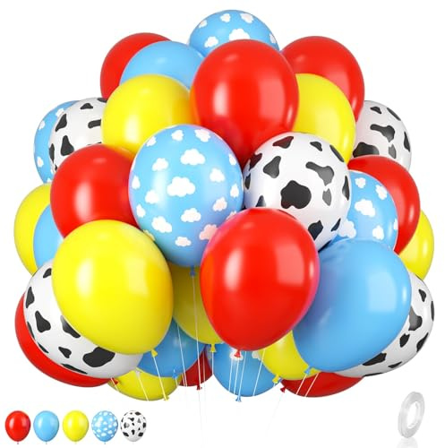 Color Balloons - 12 Inch Red, Blue, Yellow Cow Print Sky Blue Cloud Story Balloons for Kids' Party Themed Decor