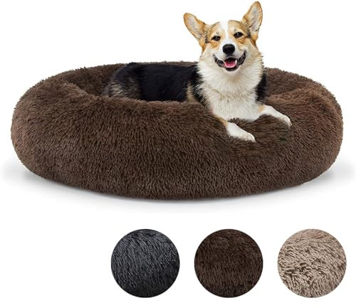 Flei Hundebett Flauschig Donut, Hundekissen Waschbar XXL 120cm, Kuschelbett Hund Rund Anti Stress, Hundebett Flocke, Hundekörbchen für Mittelgroßr Großr Hunde, Kaffee