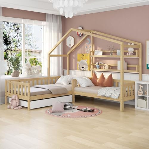 CGLYYDS Kinderbett Hausbett mit Schubladen und Regalen,Vielseitiges Kiefernholz Kinderbett für Jungen & Mädchen - Massivholz Kinder Bett mit Zaun und Lattenrost (L-Struktur)，90x200 cm+140x70cm,A