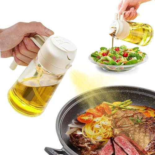 SWEET VIEW 2 in 1 Ölsprüher zum Kochen, 470ml Glasölflaschen/Olivenöl Sprühflasche für Salat, Grillen und Heißluftfritteuse (Beige)