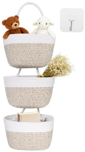 PATIKIL Over the Door Basket, 3 Tier Cotton Rope Woven Hanging Basket Wall Mounted Storage Organizer for Kitchen Bedroom Living Room, Brown-white