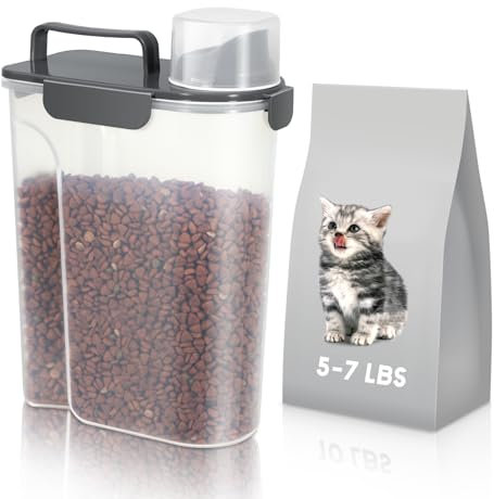 LEAWALK 5Lbs Dog Cat Storage Container Portable with Upgraded Large Spout and Cup, Plastic Pet Food Dispenser for Small Animal Kibble, Bird Seed, Oatmeal, Rice, Flour, Brown Sugart-Dark Gray