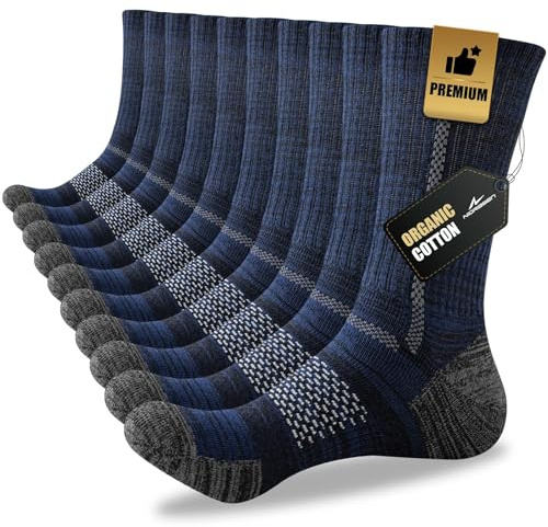 Niorasen Calcetines de trabajo de algodón de corte alto para hombre, 5 pares de calcetines de bota acolchados para deportes al aire libre, senderismo, running, Azul marino, 10-13