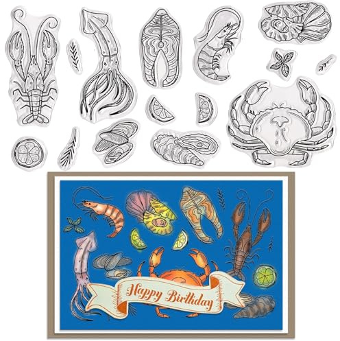 LANGFON Crab Lobster Clear Stamp for Card Making Seafood Salmon Rubber Stamp Shellfish Transparent Silicone Seals for Decoupage Junk Journals Gift Card DIY Scrapbooking Embossing Album Craft Supplies