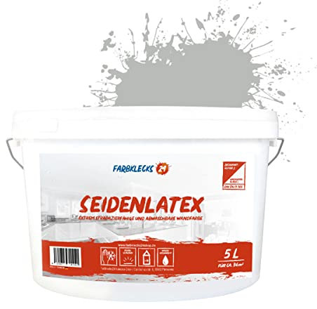 Farbklecks24 Seidenlatex Color 5L Grau 7-0 Latexfarbe grau, abwaschbare Wandfarbe, Küchenfarbe, Badfarbe
