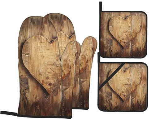 Set di 4 guanti da forno e presine in legno a forma di cuore, in tessuto resistente al calore, impermeabile, ideali per cucina, forno, barbecue, idea regalo