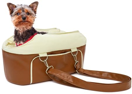 Leder Kleine Hunde Autositz Auto Mittelkonsole Hundesitz für Katzen, Braun Tragetasche Hundetasche für Hkleine Hunde Katze bis 5kg für Outdoor, Reisen
