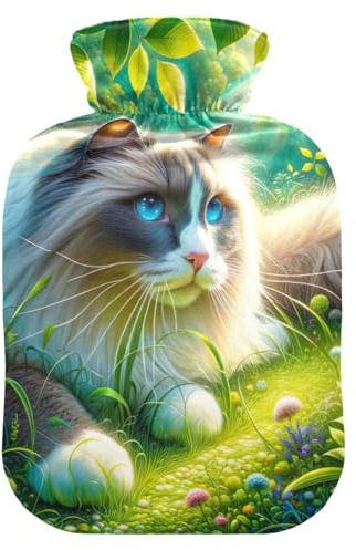 Wärmflasche mit weichem Bezug, Motiv: Katze, die im Gras spielt, mit weichem Bezug, Hand- und Fußwärmer, Wintergeschenk, Wärmbeutel für heiße und kalte Kompresse, 1 l