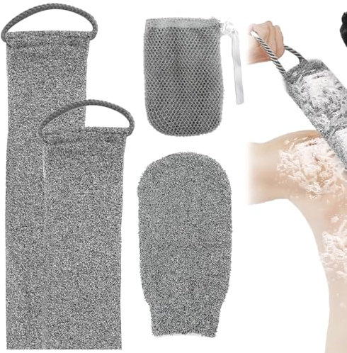 3 Stück Rückenschrubber, JINSIHU Rückenschrubber für Dusche Bambusfaser Peeling Scrubber Schwamm Jute Rückenschrubber Natürliches für Bad und Dusche mit Rücken Gurt + Exfoliating Gloves + Seifenbeutel