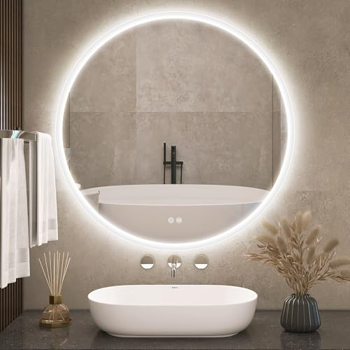 S'bagno Runder-Badspiegel-mit-Beleuchtung-80cm, Badezimmer-Spiegel-mit-Beleuchtung und Entfoggen, 3000K/4000K/6500K, Dimmbar, HD-gehärtetes Glas, Speicherfunktion, IP44-LED-Badspiegel | LED-Badezimmerspiegel, 3000 K/4000 K/6500 K, dimmbar, gehärtetes Glas, HD, Speicherfunktion, IP44