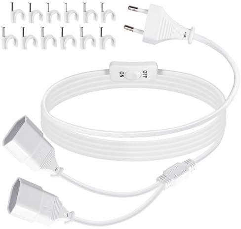 Cavo di prolunga piatto 2 m con interruttore, doppia spina europea, cavo di alimentazione piatto, tipo C, spina europea, 2,5 A/250 V, per TV con spina europea, bianco