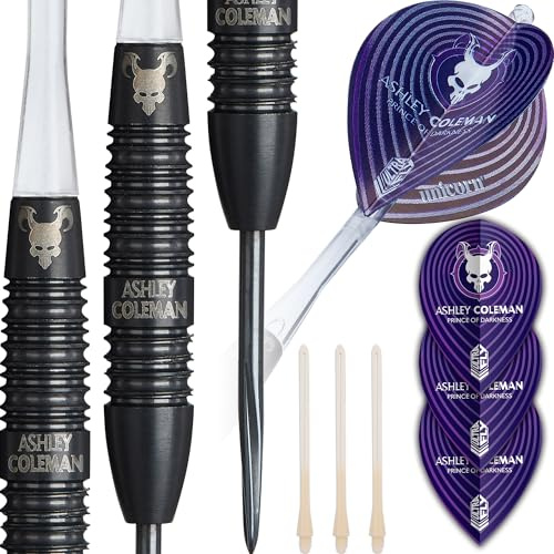 Unicorn Darts Set Global | Ashley 'Prince of Darkness' Coleman | 90 % volframtunnor med svart beläggning och intrikat bearbetade greppringar | Ultrafly Flights | stålspets svarta spänningspunkter | 26