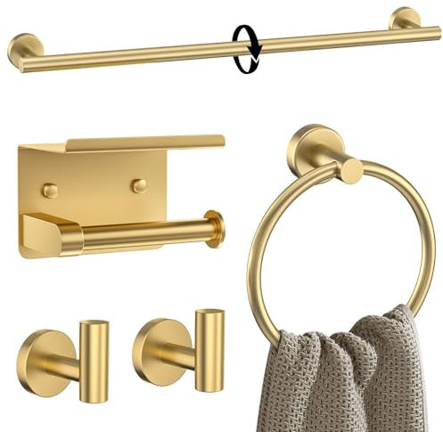 Badezimmer-Zubehör-Set, gebürstetes Gold, 5-teilig, Handtuchstangen-Set, rund, Handtuchhalter-Set für Badezimmer, verbesserter Toilettenpapierhalter mit Ablage, Edelstahl, Wandmontage, 60 cm