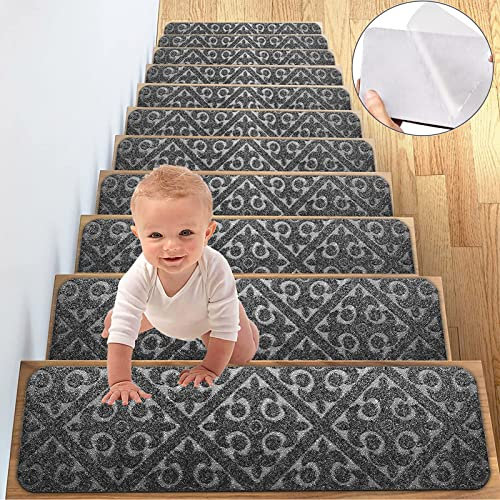 Stufenmatten Set für Treppenstufen Einfache Montage mit Klebestreifen Hochflor Grau Teppich 18-teilig