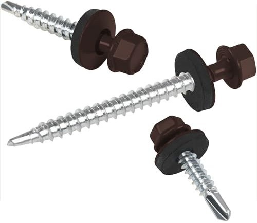 Tornillos para chapas trapezoidales PAROTEC, autorroscantes y autotaladrantes con arandela de sellado EPDM, cabeza hexagonal, 4,8 mm x 70 mm, RAL 8017 Marrón, 200 unidades