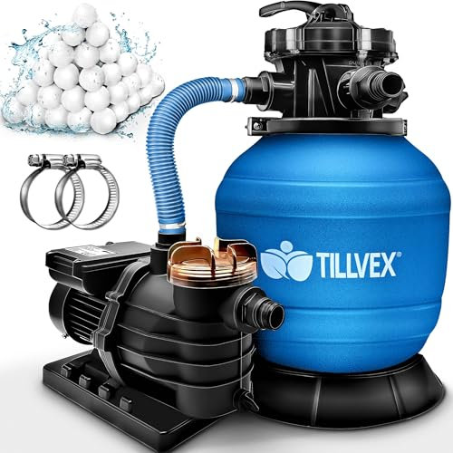 tillvex Depuratore d'acqua per piscina 13.200 l/h fino a 40.000 l + 1200 g sfere filtro - 7 funzioni di filtraggio - Pompa filtro a sabbia con valvola (blu)