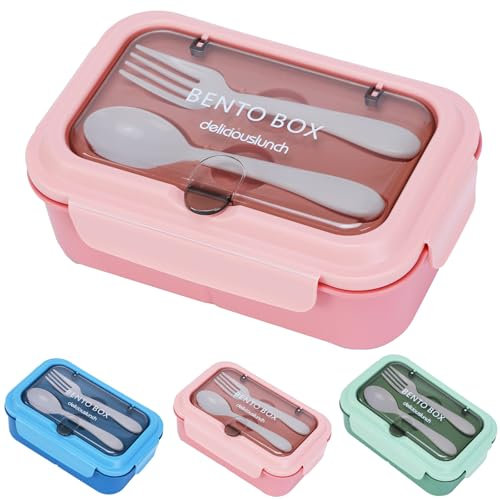 SENBSLAN Lunch Box,1200ml Leakproof Bento Lunch Box,Food Container with 3 Compartments and Cutlery,BPA Free Containers Suitable for Adults and Kids (Pink)