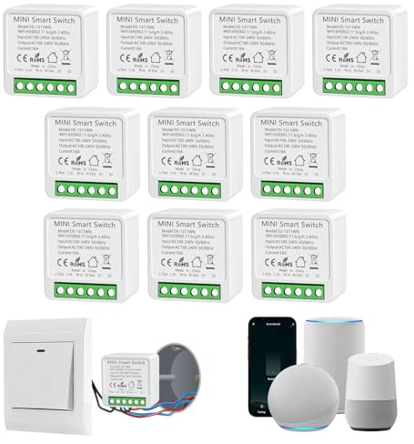 Interrupteur WIFI, Interrupteur Intelligents Alexa, Interrupteure Connecté avec Tuya et Smart Life APP, Mini Smart Switch Module, Montage Encastré, Conducteur Neutre Nécessaire (10 pièces)