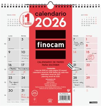 Finocam - Calendario de pared 2026 Mes Vista Enero - Diciembre (12 meses) | Calendario 2026 para anotar | Planificador mensual Neutro - Español
