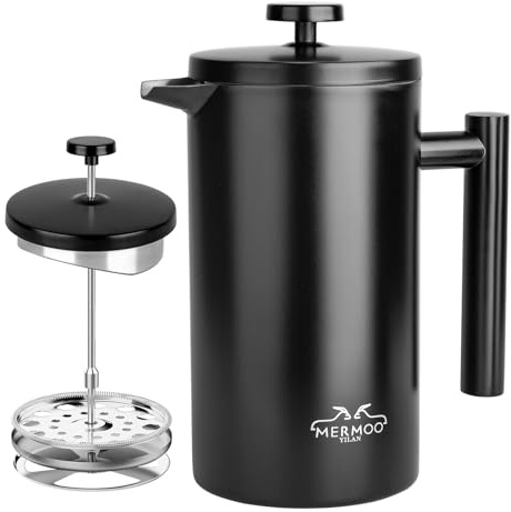 MERMOO YILAN French Press 34oz Insulated Stainless Steel Coffee Maker Unbreakable Coffee Press Easy to Clean for Home, Camping, Travel (Black)