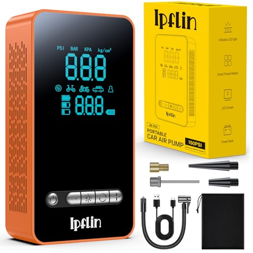 Ipflin Tyre Inflator Cordless Compressor - Portable Air Electric Bike Pump 150 PSI with Digital Display,Rechargeable Tyre Accessories for Car,Bike and Motorbike with Pressure Gauge and LED Light.