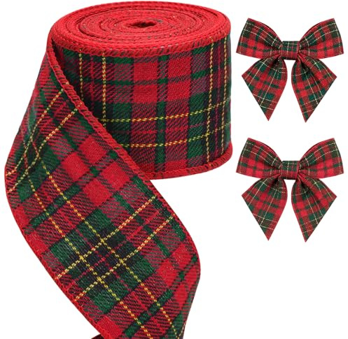 jijAcraft Rot-Grün Kariert Weihnachtsband mit Draht: 6cm Breit Schleifenband Weihnachten 10m Geschenkband Weihnachten Kariert Weihnachtsbänder für Basteln Bögen Baumdeko