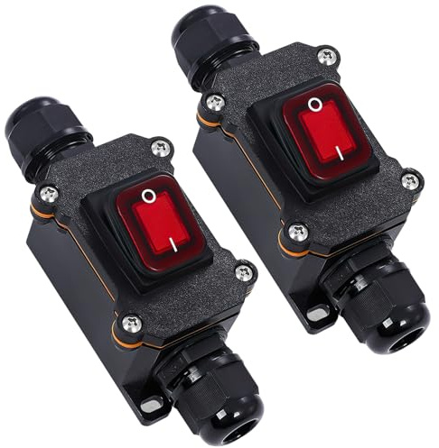IP65 Waterproof DPST Inline Rocker Switch, 220V 30A ON/Off | Cord switch with red indicator light,2 pole in-line power switch for indoor outdoor cable repair, amp,fan,heater,pack of 2