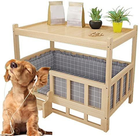 Massivholz Hundehütte, Multifunktionales Haustierbett, Geeignet für Große Hunde, Indoor Katzen- & Hundehütte, Nachttisch aus Holz