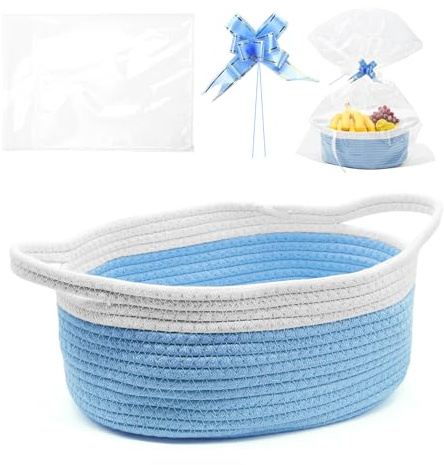 WYYFXY® Cesta de regalo vacía con cesta trenzada, cesta de regalo con lazos de celofán y con asa de algodón, cestas para regalos, fiestas, cumpleaños (Azul cielo)