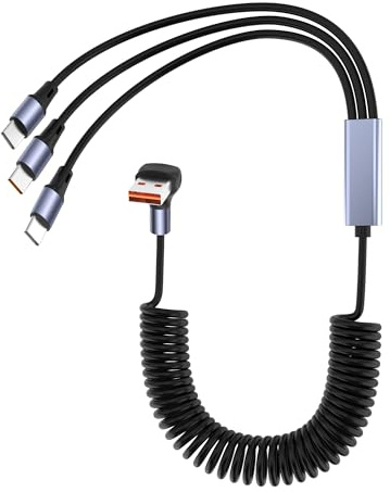 YACSEJAO 66W 90 Degree USB A to Multi USB C Spring Charging Cable for Phone/Car,6A Right Angle Coiled Type A to Type C Splitter Cable Fast Charging & Data Transfer (6FT) (USB A to 3 USB Type-C)