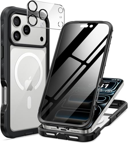 seacosmo Anti-Spy Hülle für iPhone 17 Pro mit MagSafe, 360 Grad Schutzhülle Magnetisch Stoßfest Handyhülle FallSchutz Stoßfestes Case mit Privacy Schutzglas und Kamera Schutzfolie [9H HD]-Schwarz