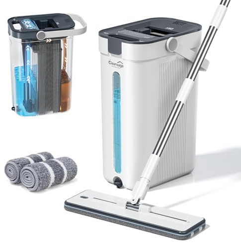 Cleansage® HydraPro Flat Mop and Bucket Set – True Clean/Dirty Water Separation System with 3 Microfibre Heads, 360° Swivel, Edge Squeegee, Floor Tiles Glass Wall Cleaner Mop for Residential & Offices